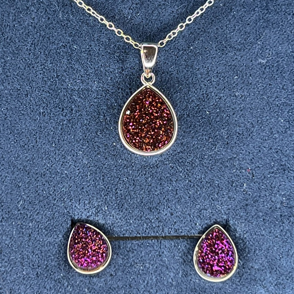 Drusy Quartz Purple Sterling Silver 925 Post Earrings Necklace 18” NWOT